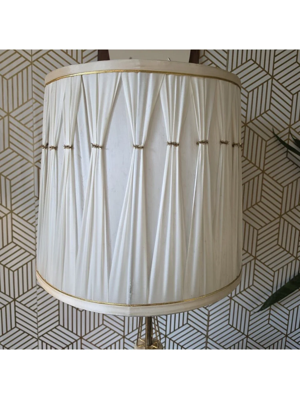 Vintage 1950s Mid Century Ceramic Lamp Pink Black Gold Atomic Wire Cage & Shade